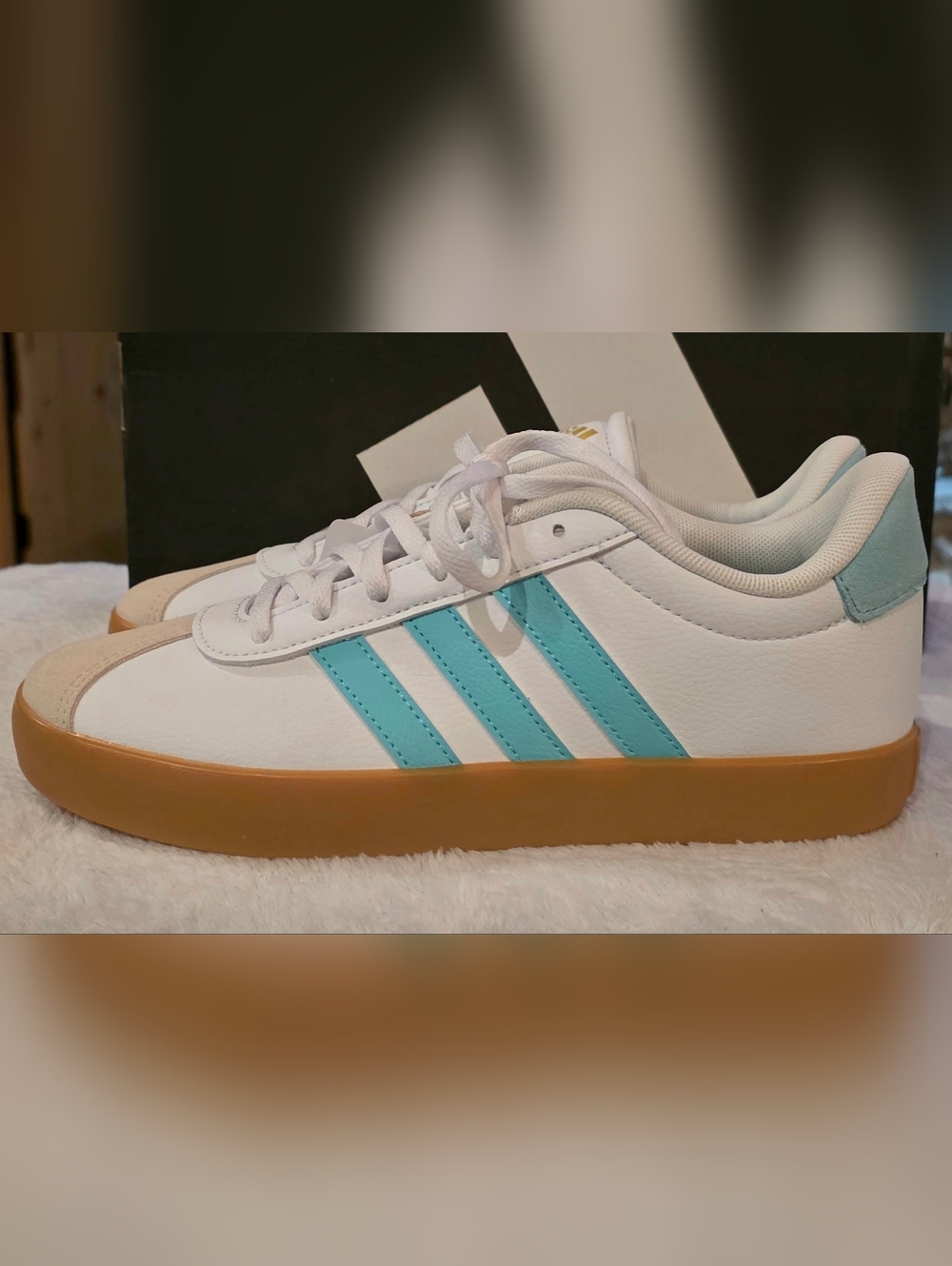 adidas White Sneakers with Aqua Stripes and Gum Sole